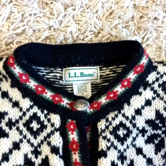 LLBean Women's Black and White Scandinavean Button Front Cardigan Sweater Size M - Picture 3 of 8